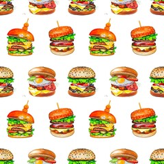 Seamless pattern with burgers on a white background