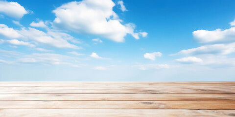 Fototapeta premium Wood table mockup with blue cloudy sky background. Empty copy space for product presentation. Generative AI