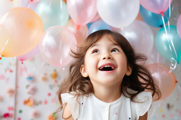 Fototapeta na wymiar Happy brunette little girl excited looking up in the balloons