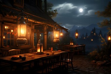 Fototapeta na wymiar night view of a restaurant in a mountain village. 3d rendering