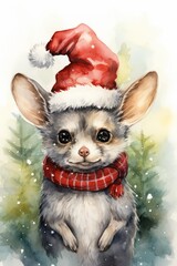 Fototapeta na wymiar Chinchilla domestic animal in christmas santa claus hat watercolor art. Christmas Chinchilla illustration. Vertical format for banners, posters, advertising, gift cards. AI generated.