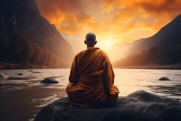 Generative AI : Buddhist monk meditating on top of river with sun light in the background - obrazy, fototapety, plakaty