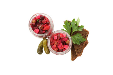 PNG, Salad vinaigrette in glass jars, cucumbers and pieces of bread, isolated on white background, top view