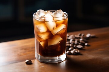 Generative AI : Iced coffee with ice cubes in glass on wooden table