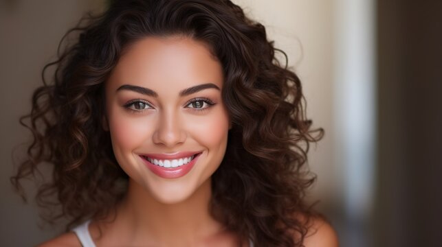 Closeup photo portrait of a beautiful young latin hispanic model woman smiling with clean teeth. Used for a dental ad. Isolated on light background