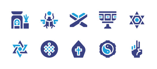 Spirituality icon set. Duotone color. Vector illustration. Containing star of david, baptism, endless knot, pope, quran, blessing, incense, yin yang, beetle. - obrazy, fototapety, plakaty