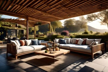 Garden lounge, outdoor furniture and countryside house patio decor with sofa and table, country cottage style landscape design