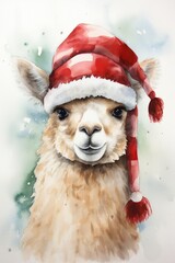 Alpaca domestic animal with santa claus hat watercolor illustration. Christmas Alpaca illustration. Vertical format for banners, posters, advertising, gift cards. AI generated.
