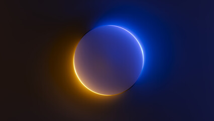Abstract background. Glowing circle illuminated with orange and blue neon light. Glowing circle. 3d render