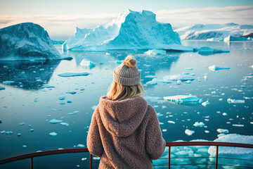 Woman looking at icebergs from the deck of a ship - obrazy, fototapety, plakaty