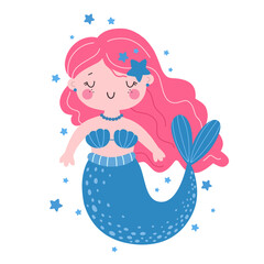 Cute little mermaid character, children's illustration, print in flat style.