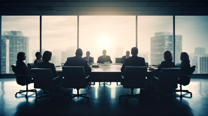 Silhouette of business people sitting at desk in conference room debating corporate strategy - obrazy, fototapety, plakaty