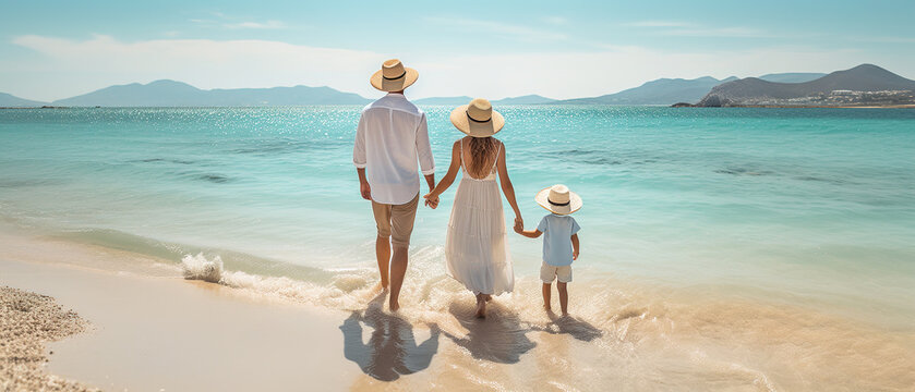 Beautiful young couple with child enjoying the sea and holding hands, rear view, with empty copy space 