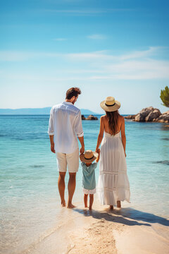 Beautiful young couple with child enjoying the sea and holding hands, rear view, with empty copy space 