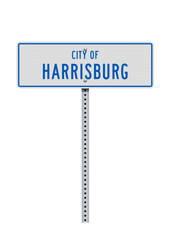 Vector illustration of the City of Harrisburg (Pennsylvania) white road sign on metallic post