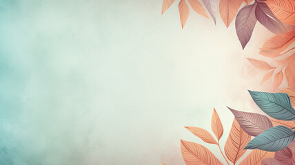 Background pastel colored leaves in the corner with a wide copy space for text.