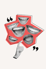 Vertical collage image of black white effect arm finger quote bubble talking mouth smile tongue...