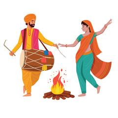 Indian man and woman in traditional dress performing folk dance on Lohri Festival