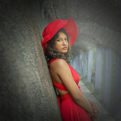 girl in a red dress and hat