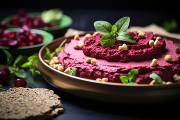 beetroot hummus  with chickpeas and basil closeup at restaurant