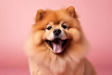 fluffy brown chow chow dog on pink background smiling with tongue out