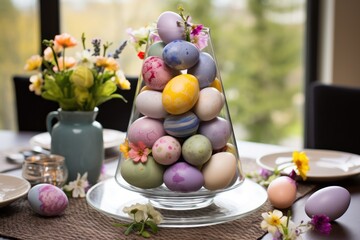 Obraz na płótnie Canvas easter table setting with colorful eggs decoration