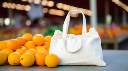 Obraz na płótnie Canvas Blank white bag fabric with orange on market blur background