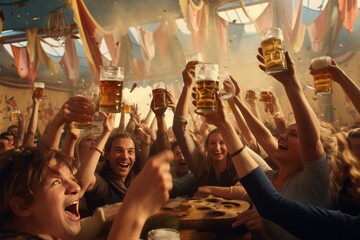 group of people celebrating Oktoberfest in a bar drinking beer. Guys night out party.