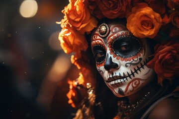Naklejka premium woman with carnival mask makeup closeup portrait on Mexican Day of the Dead celebration party on the street