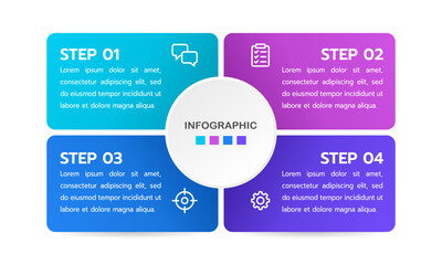 Infographic cycle with 4 steps or options. Process, Strategy, Planning, and report. Vector illustration. - obrazy, fototapety, plakaty