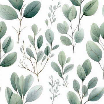 watercolor eucalyptus green leaves vintage botanical illustration seamless pattern