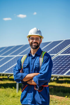Modern young engineer in hard hat and safety gloves standing in front of a solar panel.