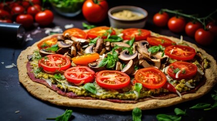 homemade vegan pizza with tomatoes and mushrooms in the kitchen side view