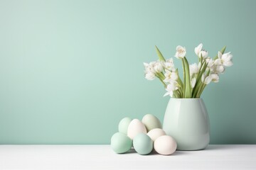 Easter eggs and bouquet of snowdrops in a vase decoration on pastel green background copy space left