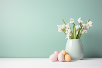 Easter pastel color eggs and bouquet of snowdrops in a vase decoration on pastel green background copy space left