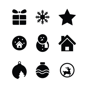 Merry Christmas icons of different toys on white. Set of icons of New Year toys and decorations on Christmas tree. Vector