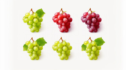 Collection set of green and red grapes isolated on white background. - obrazy, fototapety, plakaty