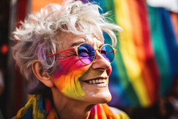 senior woman with rainbow flag at pride LGBTQ parade in sunglasses smiling 