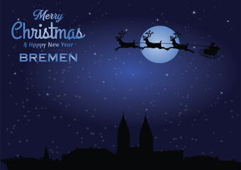 Christmas and New year dark blue greeting card with Santa Claus silhouette and black panorama of the city of Bremen