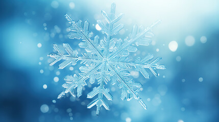 Fototapeta na wymiar Close up of a glossy snowflake, macro photo of snow crystals on blue background. Generative AI