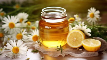 honey in glass jar with lemon and yellow flower.