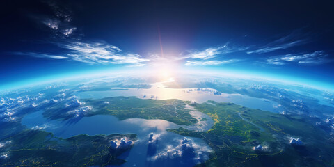 Panoramic view on planet Earth globe from space with rising sun. Glowing city lights, light clouds. Generative AI