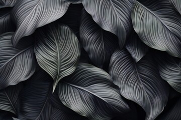 Textures of abstract silver leaves for tropical leaf background. Flat lay, dark nature concept, tropical leaf