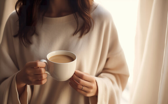 Mug of morning coffee in the female hands