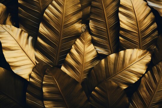 Textures of abstract gold leaves for tropical leaf background. Flat lay, dark nature concept, tropical leaf