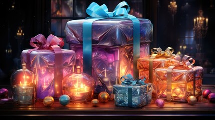 Christmas Card with shiny gift Boxes. AI generating