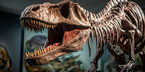 T Rex dinosaur skeleton in a museum