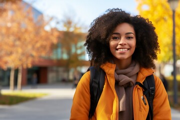 Portrait of a smiling young black female student on colledge campus in the fall, ready to start school year
