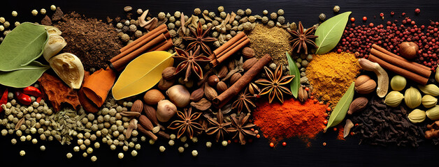 Collection of different aromatic spices and nuts, panoramic view, view from above. Generative AI - Powered by Adobe