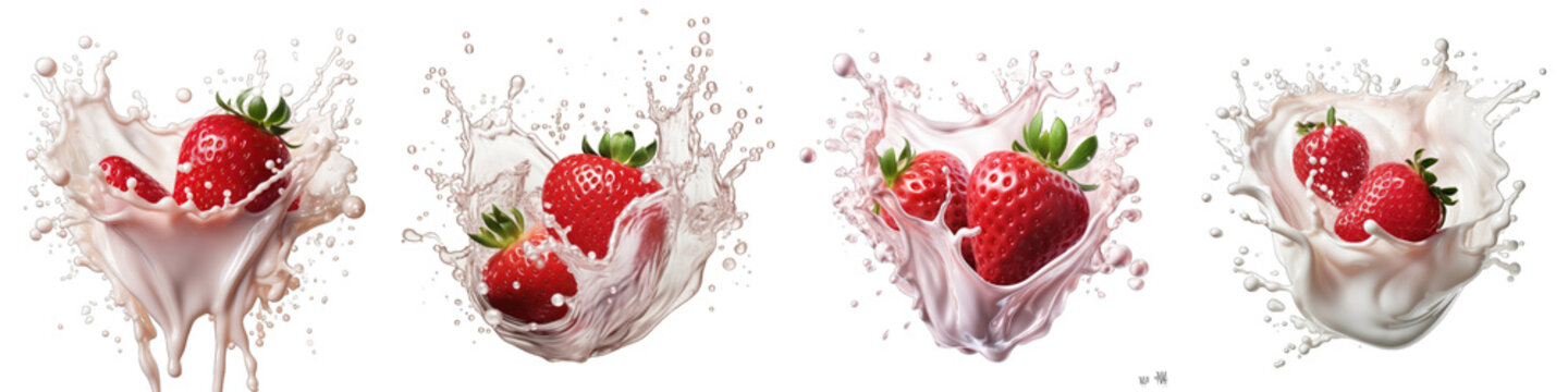 Milk yogurt splash with strawberries  Hyperrealistic Highly Detailed Isolated On Transparent Background Png File